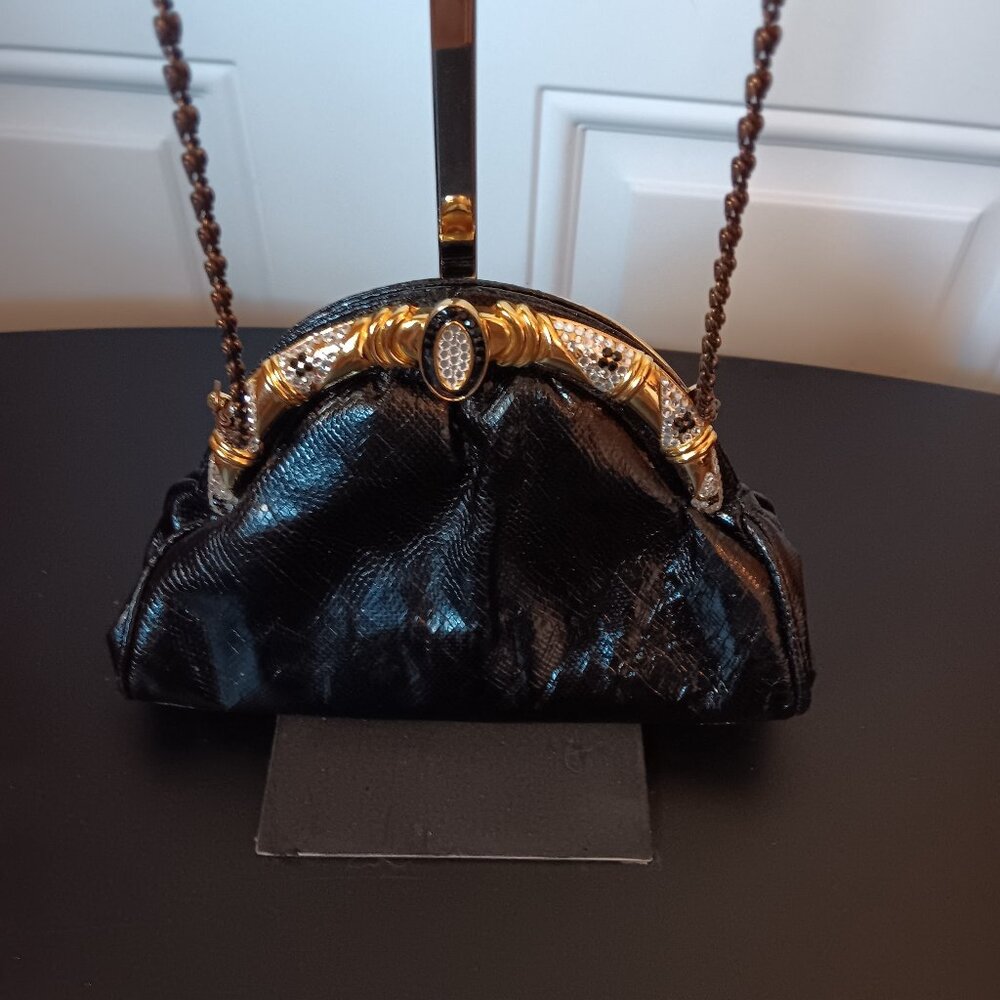 Vintage black shiny textured leather rhinestone purse